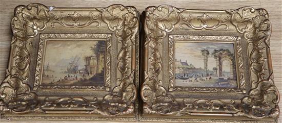 Italian School, pair of oils on copper, Scenes of figures in ports with ruins, 9.5 x 11.5cm